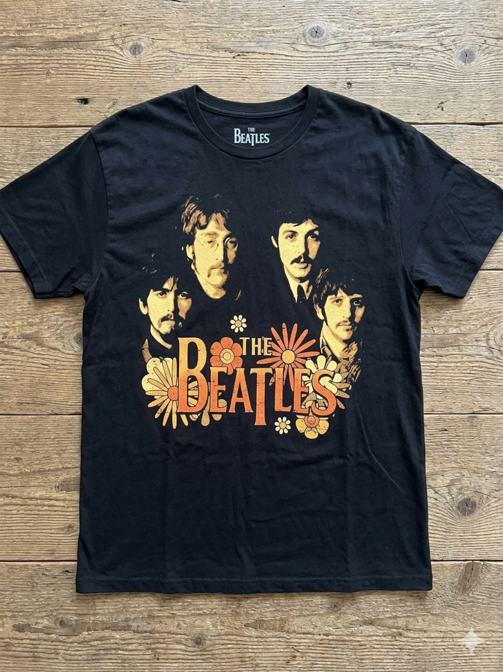 The Beatles Black Tee with Orange Floral Logo and Portraits
